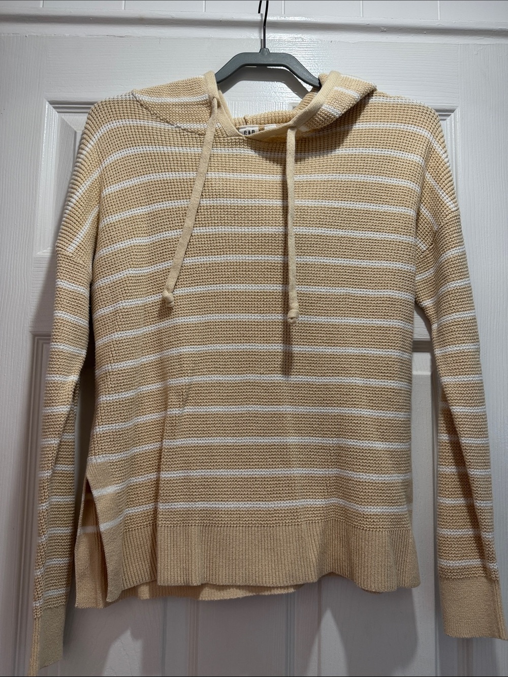 GAP Striped Hooded Knit Sweater in Beige and White; Womens Medium